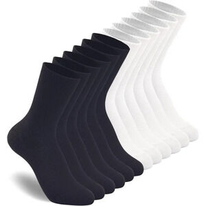 3-6 Pack Womens 6 Pairs Black/white Crew Calf Lightweight Thin Socks Size 6-11